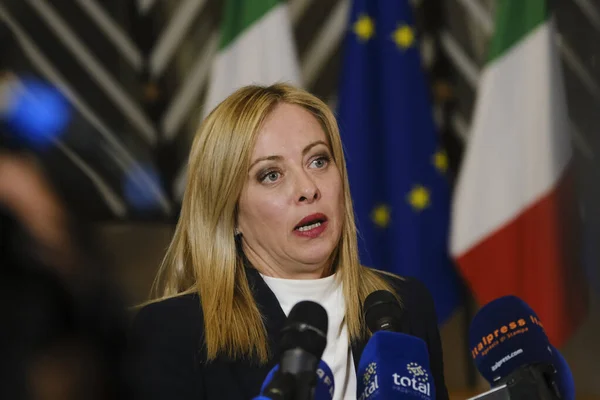 Giorgia Meloni Újonnan Kinevezett Olasz Miniszterelnök Beszédet Mond Sajtónak Európai — Stock Fotó