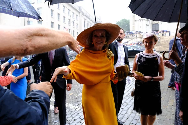 stock image Queen Mathilde greets the people after the Te Deum mass at the St. Michael and St. Gudula Cathedral during the Belgian National Day, in Brussels, Belgium on  July 21, 2022.