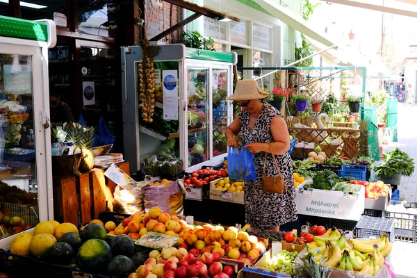 Farmer Market Street Con Persone Che Scelgono Frutta Verdura Itaca — Foto Stock
