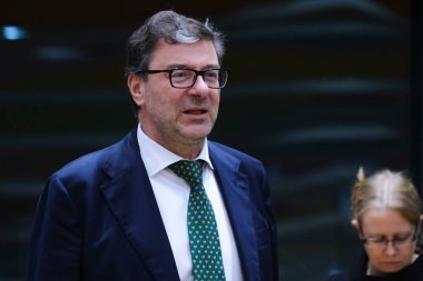 Maliye Bakanı Giancarlo Giorgetti, Eurogroup Maliye Bakanlarının 7 Kasım 2022 'de Brüksel, Belçika' daki Avrupa Konseyi toplantısına katılmak üzere geliyor..