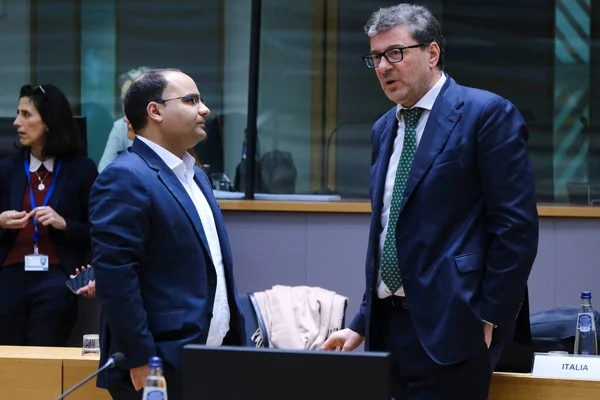 Giancarlo Giorgetti Minister Finance Arrives Attend Meeting Eurogroup Finance Ministers — Stock Photo, Image