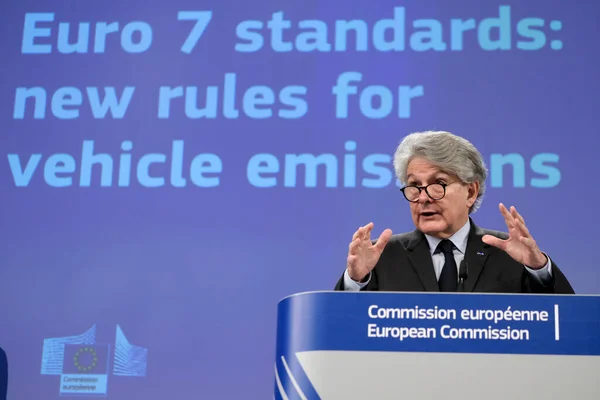 stock image Press conference by Thierry BRETON, European Commissioner for Internal Market on modernised limits of non-CO2 emissions for vehicles (Euro 7 standards) in Brussels, Belgium on Nov. 10, 2022.