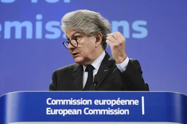 stock image Press conference by Thierry BRETON, European Commissioner for Internal Market on modernised limits of non-CO2 emissions for vehicles (Euro 7 standards) in Brussels, Belgium on Nov. 10, 2022.