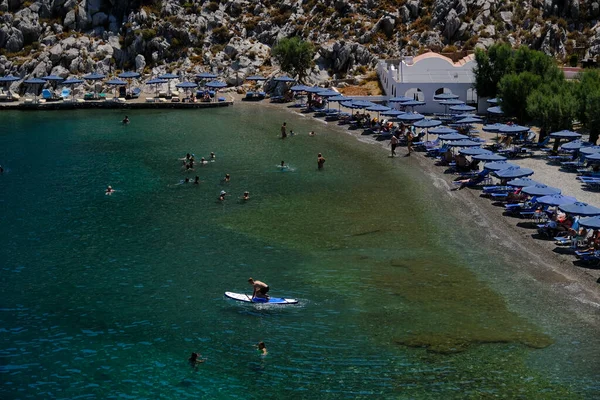 Gente Disfruta Del Mar Saint Nicholas Beach Symi Grecia Julio —  Fotos de Stock