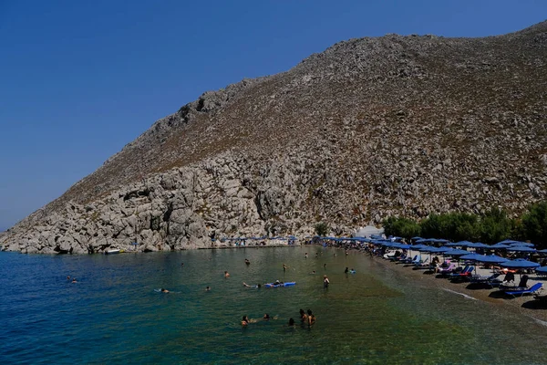 People Enjoy Sea Saint Nicholas Beach Symi Greece July 2022 — Stock Photo, Image