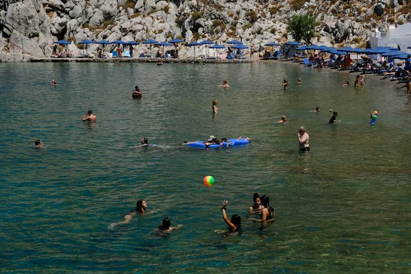 People Enjoy Sea Saint Nicholas Beach Symi Greece July 2022 — Stock Photo, Image