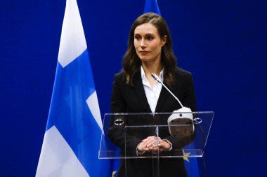 Finlandiya Başbakanı Sanna Marin 21 Ekim 2022 'de Brüksel, Belçika' daki bir Avrupa Konseyi 'ne katılmak üzere ülkeye geldi..