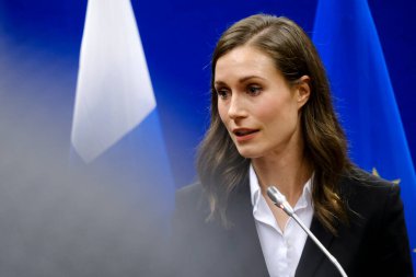 Finlandiya Başbakanı Sanna Marin 21 Ekim 2022 'de Brüksel, Belçika' daki bir Avrupa Konseyi 'ne katılmak üzere ülkeye geldi..