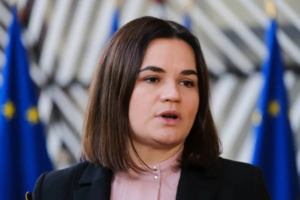 stock image Sviatlana TSIKHANOUSKAYA, Leader of the Belarusian democratic opposition arrives to attend in a meeting of EU foreign ministers, at the European Council in Brussels, Belgium on November 14, 2022.