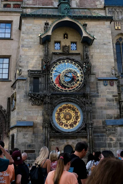 stock image Crowd of tourist in the mediaeval tower clock which is located at the southern side of the Old Town Hall Tower in Prague, Czechia on July 26, 2022.