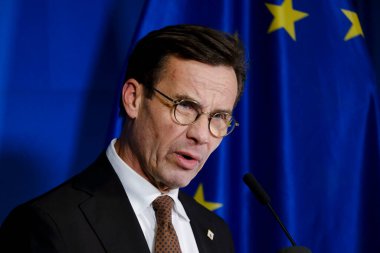 İsveç Başbakanı Ulf Kristersson 21 Ekim 2022 'de Brüksel, Belçika' da basın toplantısı düzenledi..