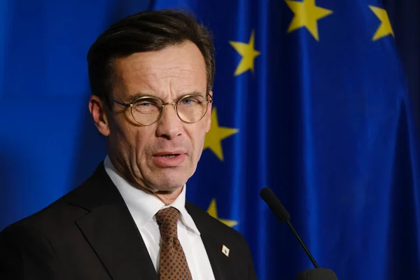 stock image Sweden's Prime Minister Ulf Kristersson gives a press conference in  Brussels, Belgium on Oct. 21, 2022.