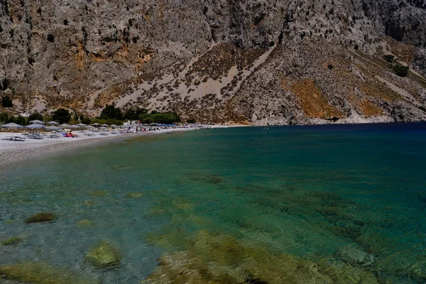 Gente Disfruta Del Sol Mar Playa Symi Dodecanese Grecia Agosto — Foto de Stock