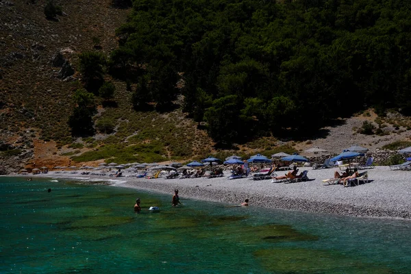 People Enjoy Sun Sea Beach Symi Dodecanese Greece August 2022 — Stock Photo, Image