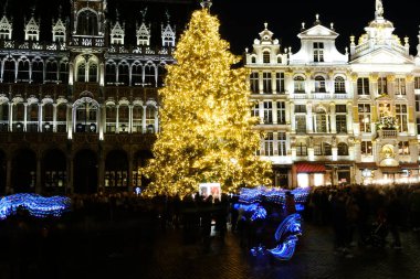 26 Kasım 2022 'de Belçika, Brüksel' de kutlama atmosferinin keyfini çıkaran kimliği belirsiz bir kalabalık ile Grand Place 'te ışıklar ve devasa bir Noel ağacı görülüyor..