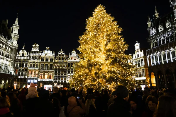 2022年11月26日にベルギーのブリュッセルで開催されるお祝いの雰囲気を楽しんでいる正体不明の人々の群衆と巨大なクリスマスツリーでのライトショー — ストック写真