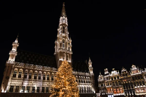 2022年11月26日にベルギーのブリュッセルで開催されるお祝いの雰囲気を楽しんでいる正体不明の人々の群衆と巨大なクリスマスツリーでのライトショー — ストック写真