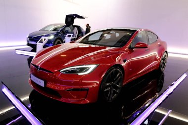 Tesla car on display during the opening of the Brussels Motor Show at the Expo in Brussels, Belgium on Jan. 13, 2023.