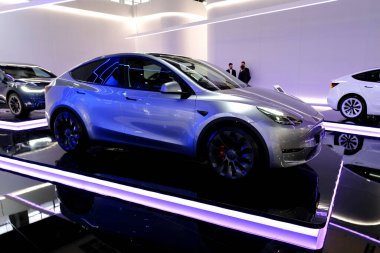 Tesla car on display during the opening of the Brussels Motor Show at the Expo in Brussels, Belgium on Jan. 13, 2023.