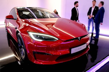 Tesla car on display during the opening of the Brussels Motor Show at the Expo in Brussels, Belgium on Jan. 13, 2023.