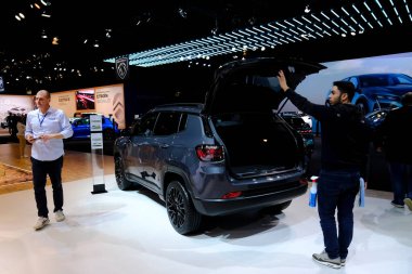 Jeep car on display during the opening of the Brussels Motor Show at the Expo in Brussels, Belgium on Jan. 13, 2023.