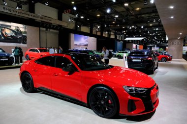 Audi car on display during the opening of the Brussels Motor Show at the Expo in Brussels, Belgium on Jan. 13, 2023. clipart