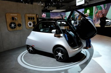 Microlino car on display during the opening of the Brussels Motor Show at the Expo in Brussels, Belgium on Jan. 13, 2023.
