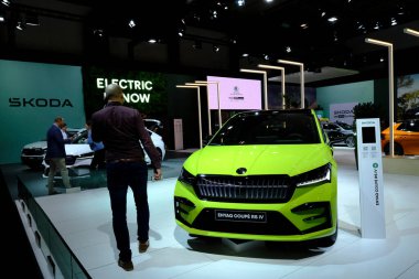 Skoda car on display during the opening of the Brussels Motor Show at the Expo in Brussels, Belgium on Jan. 13, 2023.