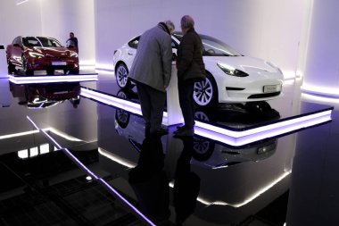 Tesla car on display during the opening of the Brussels Motor Show at the Expo in Brussels, Belgium on Jan. 13, 2023.