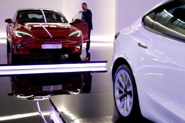 Tesla car on display during the opening of the Brussels Motor Show at the Expo in Brussels, Belgium on Jan. 13, 2023.