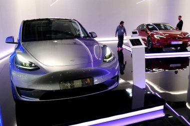 Tesla car on display during the opening of the Brussels Motor Show at the Expo in Brussels, Belgium on Jan. 13, 2023.