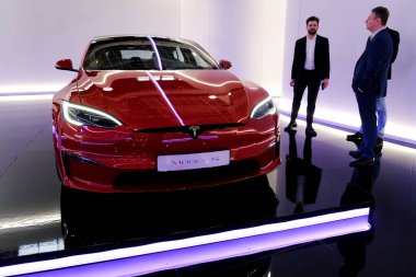 Tesla car on display during the opening of the Brussels Motor Show at the Expo in Brussels, Belgium on Jan. 13, 2023.
