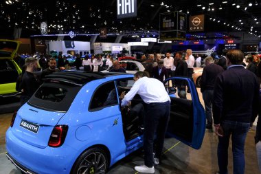 Fiat 500 car on display during the opening of the Brussels Motor Show at the Expo in Brussels, Belgium on Jan. 13, 2023.