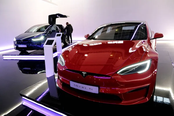 Tesla car on display during the opening of the Brussels Motor Show at the Expo in Brussels, Belgium on Jan. 13, 2023.