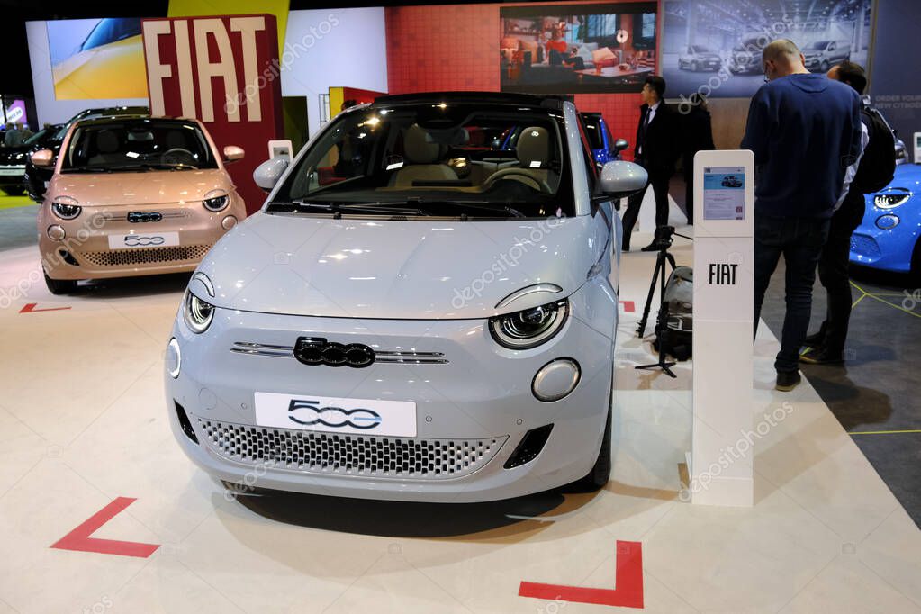 Fiat 500 car on display during the opening of the Brussels Motor Show at the Expo in Brussels, Belgium on Jan. 13, 2023.
