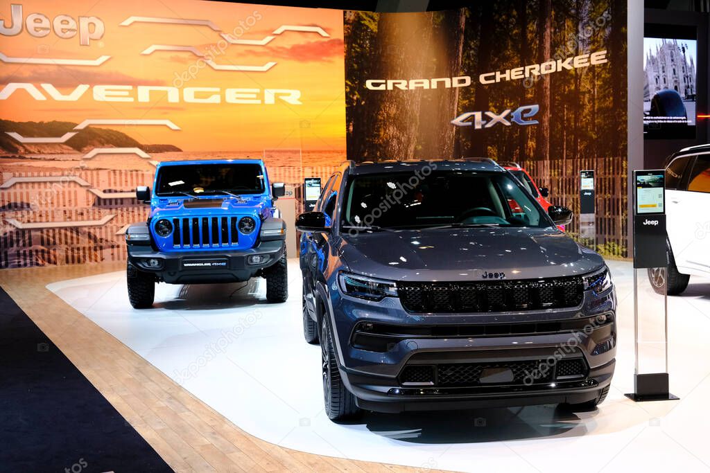 Jeep car on display during the opening of the Brussels Motor Show at the Expo in Brussels, Belgium on Jan. 13, 2023.