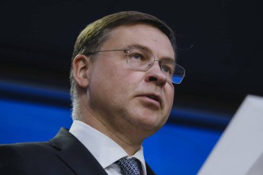 Valdis Dombrovskis, European Commissioner for Trade arrives for an Economic and Financial Affairs Council (Ecofin) meeting at the EU headquarters in Brussels, Belgium on January 17, 2023. clipart