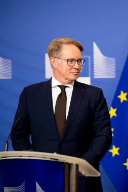 EU Commissioner Ylva Johansson and new Executive Director of the European Border and Coast Guard (FRONTEX) Hans Leijtens give a press conference in Brussels, Belgium on January 19, 2023.