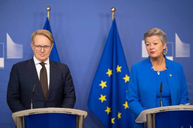 EU Commissioner Ylva Johansson and new Executive Director of the European Border and Coast Guard (FRONTEX) Hans Leijtens give a press conference in Brussels, Belgium on January 19, 2023.