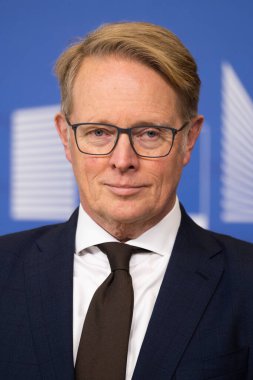 EU Commissioner Ylva Johansson and new Executive Director of the European Border and Coast Guard (FRONTEX) Hans Leijtens give a press conference in Brussels, Belgium on January 19, 2023.