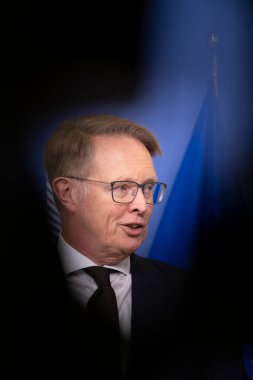 EU Commissioner Ylva Johansson and new Executive Director of the European Border and Coast Guard (FRONTEX) Hans Leijtens give a press conference in Brussels, Belgium on January 19, 2023.