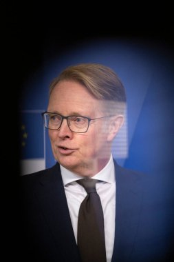 EU Commissioner Ylva Johansson and new Executive Director of the European Border and Coast Guard (FRONTEX) Hans Leijtens give a press conference in Brussels, Belgium on January 19, 2023.