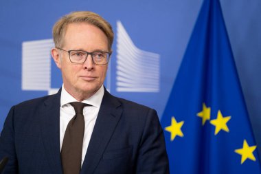 EU Commissioner Ylva Johansson and new Executive Director of the European Border and Coast Guard (FRONTEX) Hans Leijtens give a press conference in Brussels, Belgium on January 19, 2023.