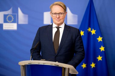 EU Commissioner Ylva Johansson and new Executive Director of the European Border and Coast Guard (FRONTEX) Hans Leijtens give a press conference in Brussels, Belgium on January 19, 2023.