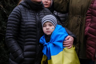 Protestors hold signs and wave Ukrainian flags during a demonstration in support of Ukraine outside of an EU headquarters in Brussels, Belgium , Jan. 23, 2023. 