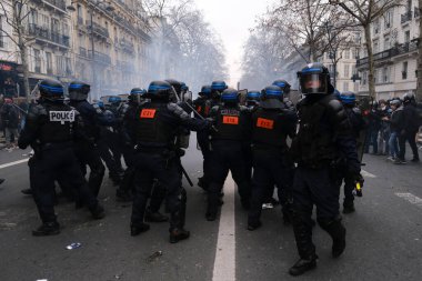 Riot police clashed with protestors during a demonstration in a national strike against government plans to revamp the pension system in central Paris, France on January 19, 2023.