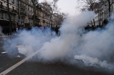 Riot police clashed with protestors during a demonstration in a national strike against government plans to revamp the pension system in central Paris, France on January 19, 2023.