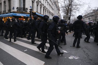 Riot police clashed with protestors during a demonstration in a national strike against government plans to revamp the pension system in central Paris, France on January 19, 2023.