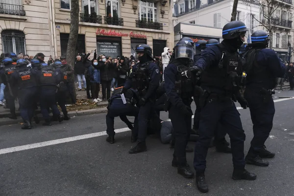 Riot police clashed with protestors during a demonstration in a national strike against government plans to revamp the pension system in central Paris, France on January 19, 2023.
