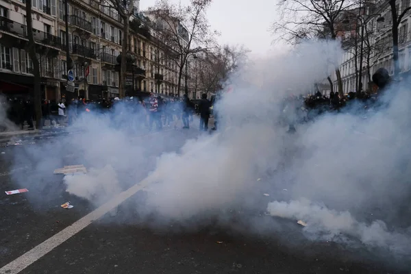 Riot police clashed with protestors during a demonstration in a national strike against government plans to revamp the pension system in central Paris, France on January 19, 2023.